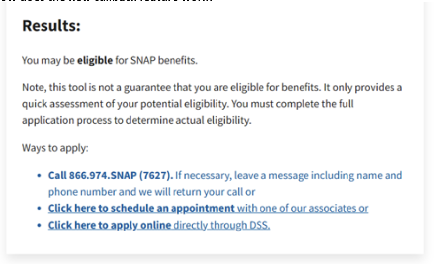 EHC! SNAP Prescreener confirmation page